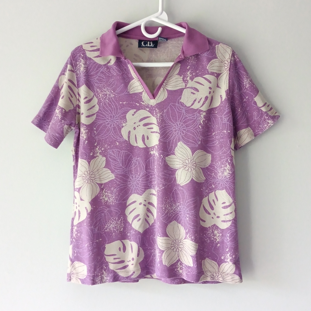CB Casual Polo Shirt Leaves Flowers Lilac Purple White Short-Sleeve Large